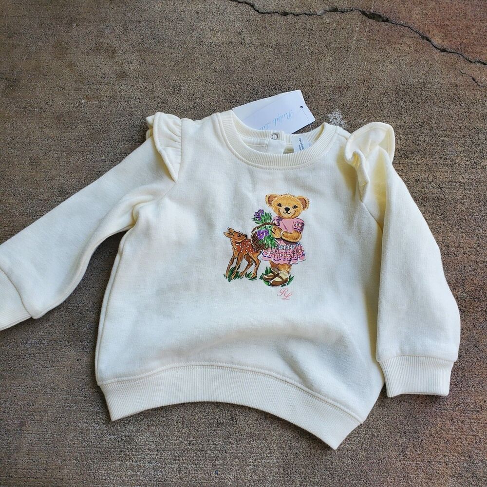 Ralph Lauren 9M Tan Cotton Fleece Bear Graphic Crewneck Pullover Sweater